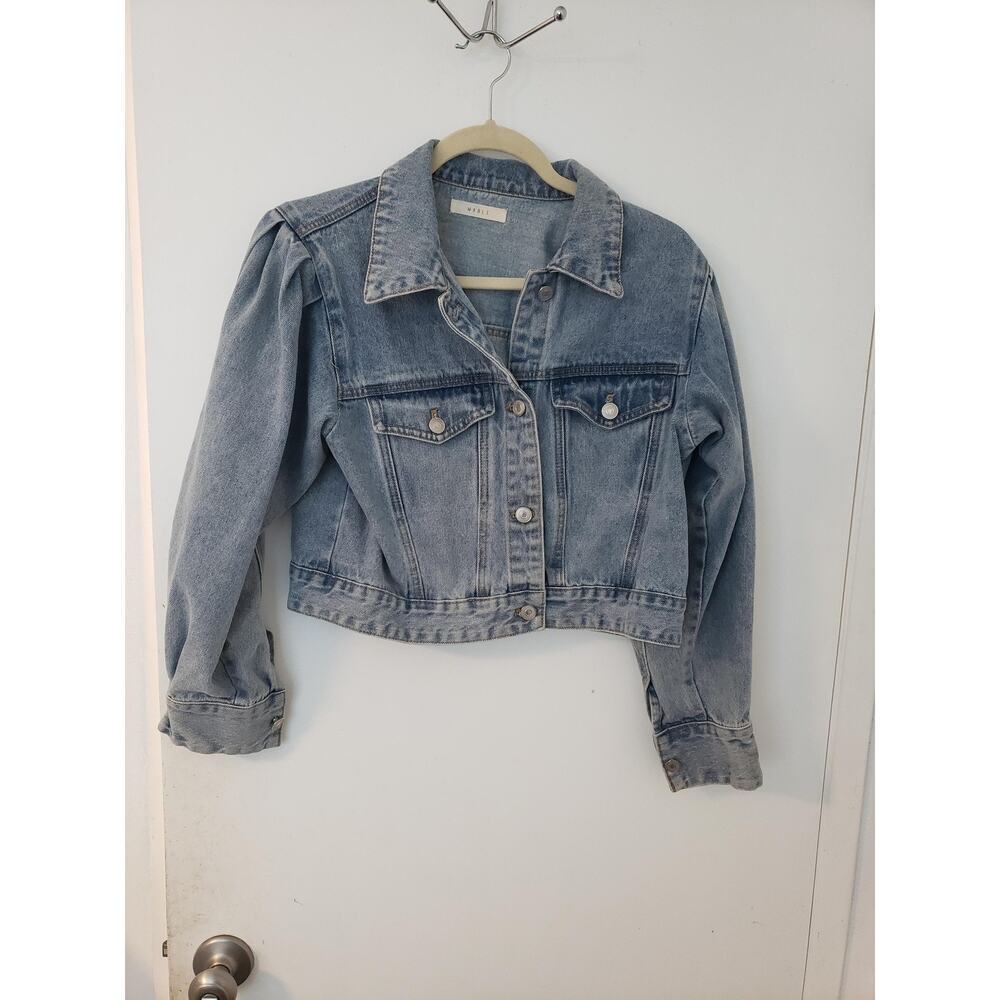 Denim Jacket Womens Large Light Wash Cropped Puff Shoulder Unworn NWOT Mable L - Picture 13 of 16